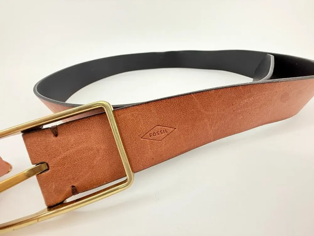 Fossil Leather Belt Brass Buckle Classic Casual Brown Medium 40 Inch READ